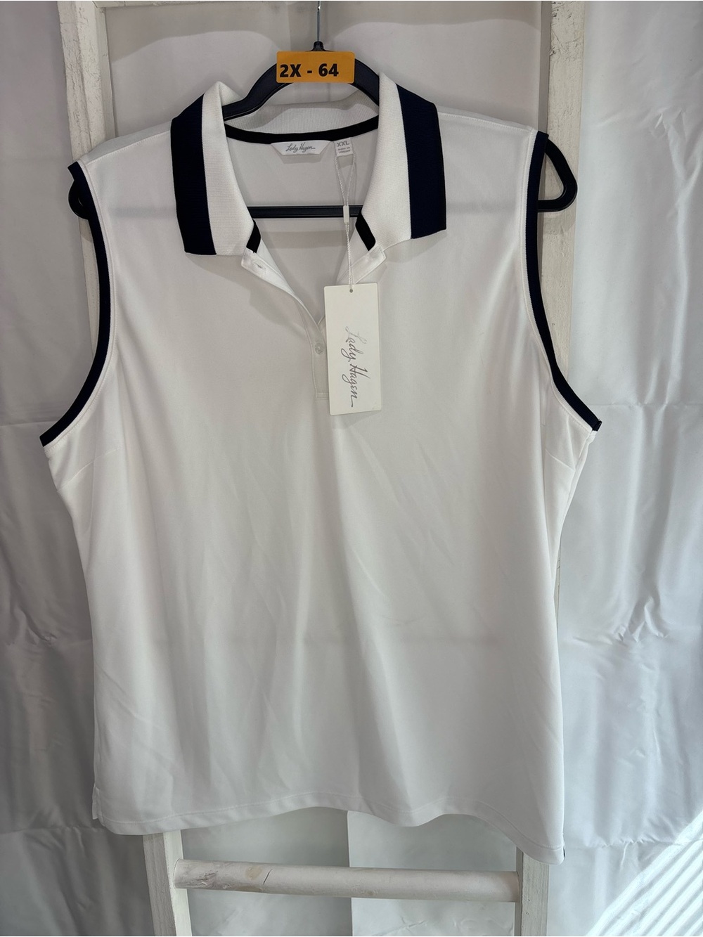 Lady Hagen White Sleeveless Polo Tank with Navy Trim Accents